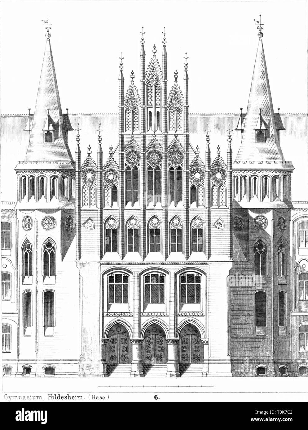 geography / travel, Germany, Lower Saxony, Hildesheim, buildings, Andreanum secondary school building, built 1869 (destroyed in 1945), architect: Conrad Wilhelm Hase, exterior view, illustration from 'Denkmaeler der Kunst' (Monuments of Art), by Wilhelm Luebke and Carl von Luetzow, 3rd edition, Stuttgart 1879, volume 2, chapter on architecture, plate LXI, steel engraving, Central Europe, 19th century, Gothic style, Gothic period, Gothic, neo-Gothic style, neo-Gothic, Gothic Revival, schools, schoolhouse, schoolhouses, school, school building, his, Additional-Rights-Clearance-Info-Not-Available Stock Photo