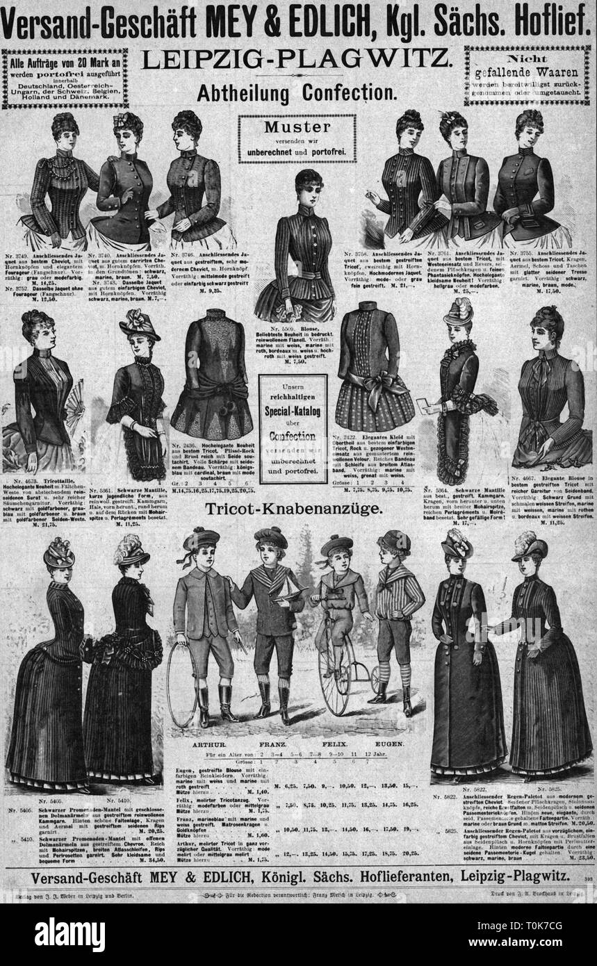 advertising, fashion, fashion store, Mey & Edlich mail-order house,  purveyors to the Royal Court of Saxony, Leipzig - Plagwitz, advertisement  from "Illustrirte Zeitung", 17.3.1888,  Additional-Rights-Clearance-Info-Not-Available Stock Photo - Alamy