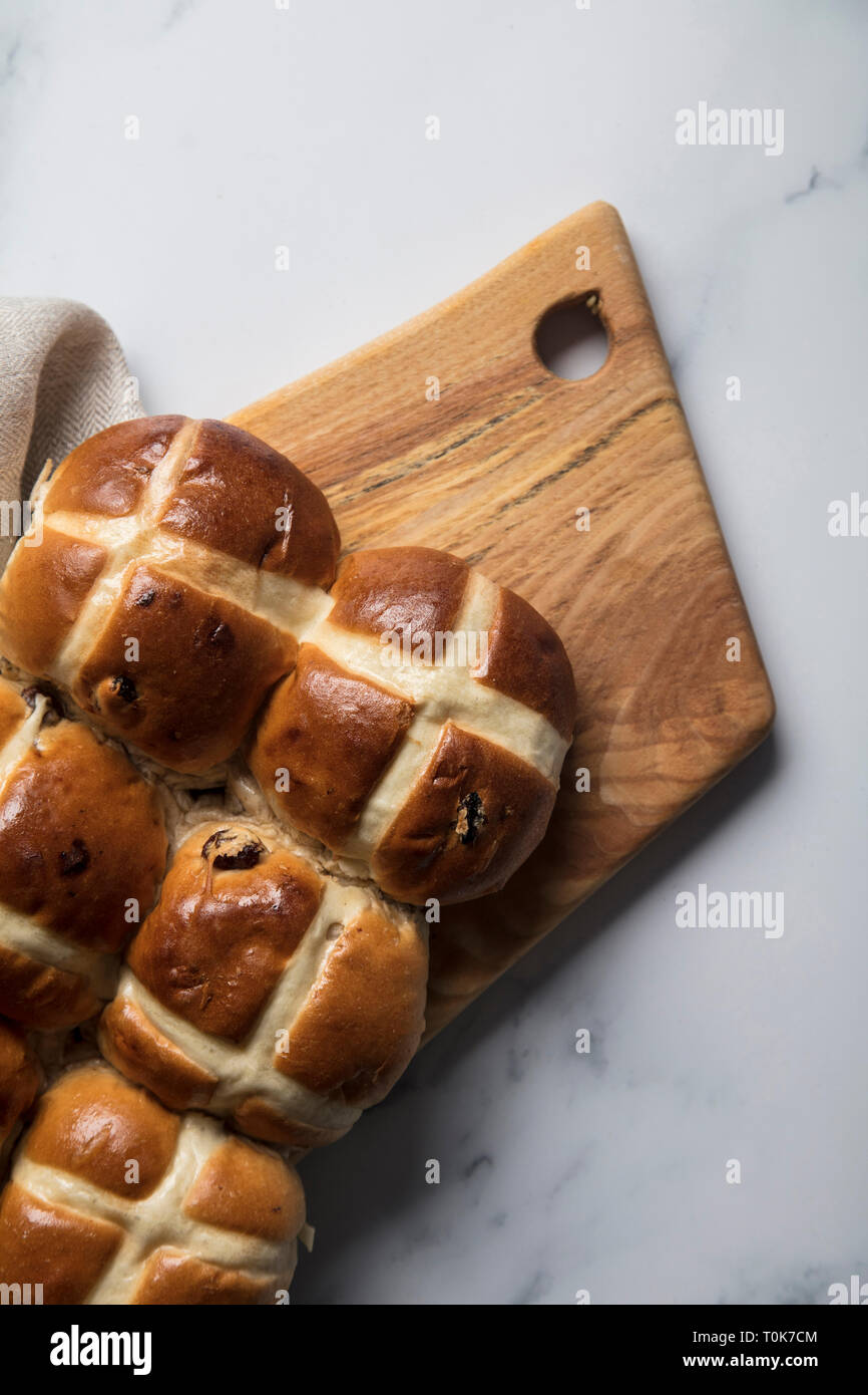Traditional hot cross buns with raisins. Easter springtime treat Stock