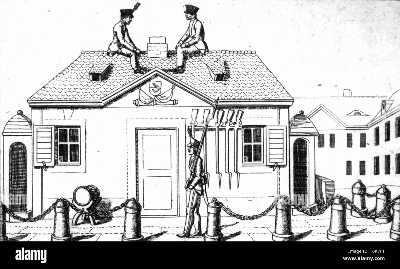 military, caricature, German wordplay: 'How soldiers from Kraehwinkel man the watch', etching, 19th century, play of words, wordplay, word-play, pun, guardhouse, guard house, guardhouses, guard houses, guard duty, watch duty, assignment, soldier, soldiers, military, cultural backwater, joke, jokes, caricature, caricatures, historic, historical, sentry, sentries, Additional-Rights-Clearance-Info-Not-Available Stock Photo
