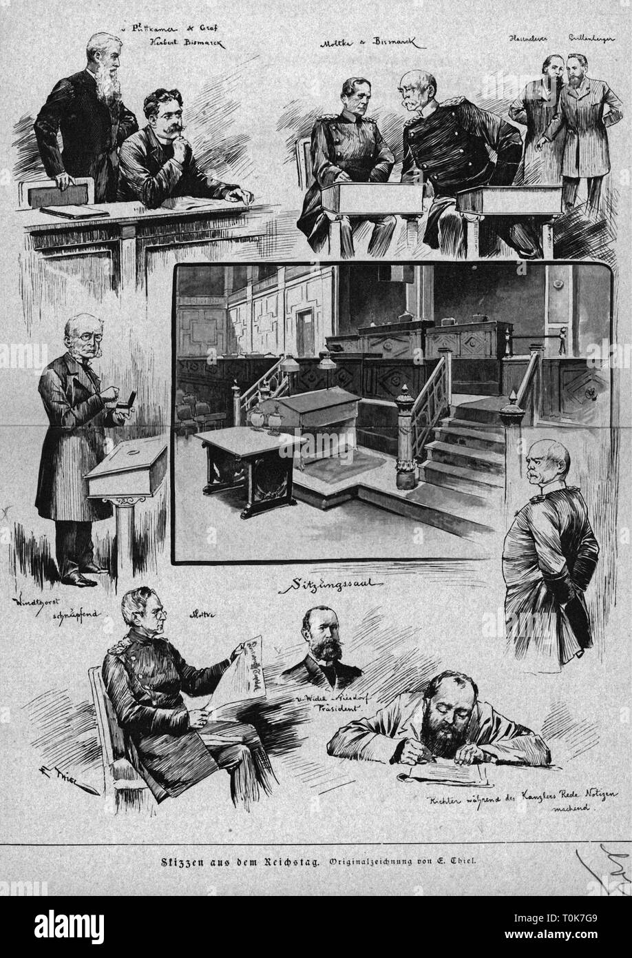 politics, parliament, Germany, Imperial Diet (Reichstag), 'Scetches from the Reichstag', wood engraving after drawing by Ewald Thiel, Berlin, 1886, Additional-Rights-Clearance-Info-Not-Available Stock Photo