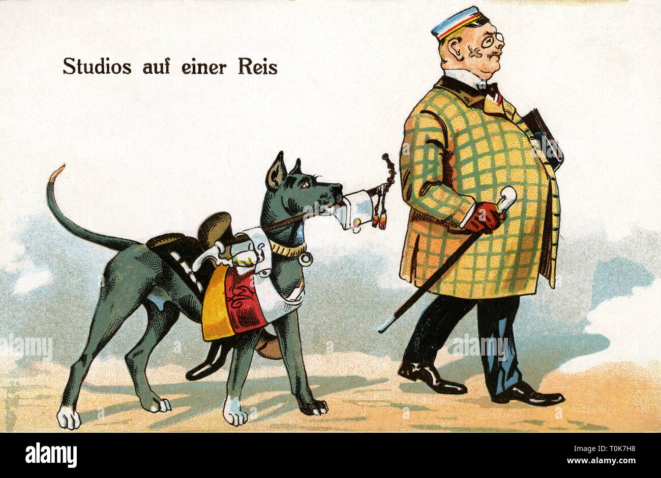caricature, studiosus on a trip, dog carrying his smoking pipe, caricature of the student life, lithograph, Germany, circa 1909, Additional-Rights-Clearance-Info-Not-Available Stock Photo
