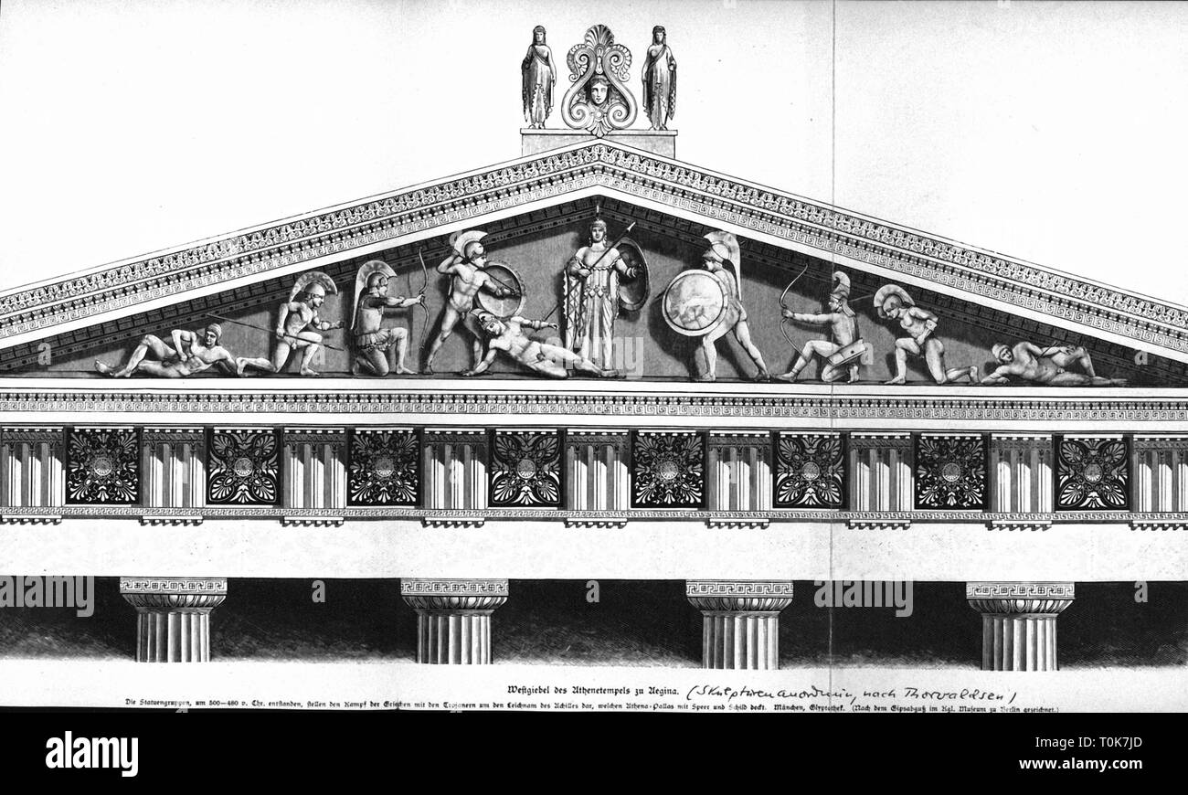architecture, ancient world, Greece, western pediment of the Temple of Aphea, Aegina, gable figures, combat between Greeks and Trojans for the dead body of Achilleus, circa 500 - 480 BC, reconstruction, wood engraving, 19th century, Aeginetans, Trojan, Trojans, goddess Pallas Athene, Greek mythology, legend, saga, legends, sagas, Troy, Trojan war, hero, heroes, gable, gables, pediments, roof, roofs, 5th century BC, historic, historical, Additional-Rights-Clearance-Info-Not-Available Stock Photo