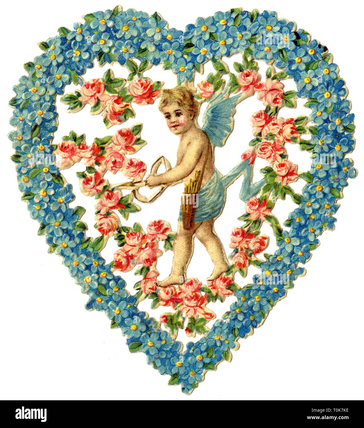 kitsch / souvenir, angel of love, cupid in floral heart, scrap picture, lithograph, Germany, circa 1890, Additional-Rights-Clearance-Info-Not-Available Stock Photo