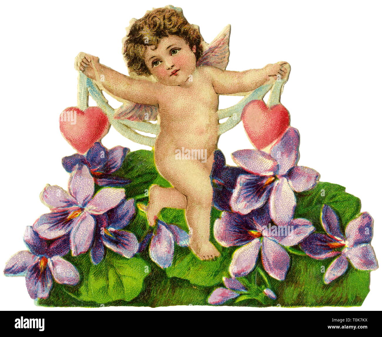 kitsch / souvenir, little angel with two hearts, scrap-picture, lithograph, Germany, 1885, Additional-Rights-Clearance-Info-Not-Available Stock Photo