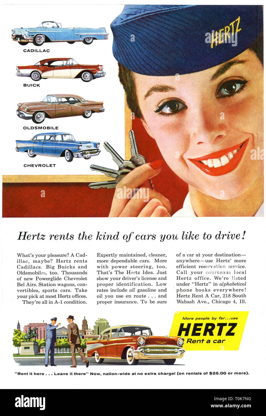 advertising, Hertz car hire, 'Rent a car', advertisement, USA, 1957, Additional-Rights-Clearance-Info-Not-Available Stock Photo