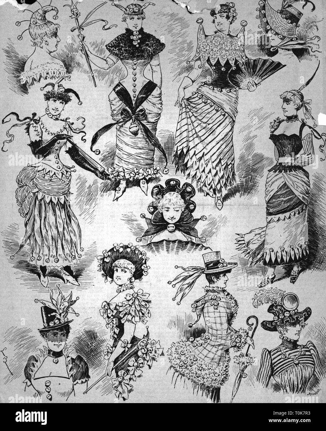 festivities, carnival, female fashion fools, after drawing by E.Bechstein, wood engraving, by Meisenbach, 1883, Additional-Rights-Clearance-Info-Not-Available Stock Photo