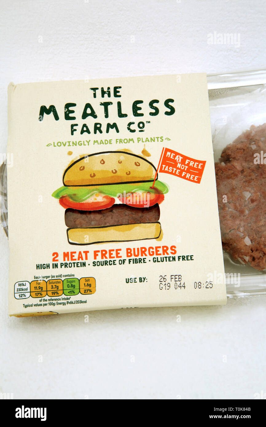 Vegan Meat Free Burgers made From Plants - The Meatless Farm Company Stock Photo