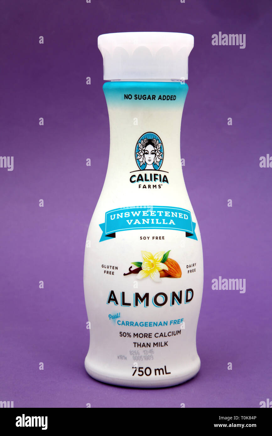 A Bottle of Califia Farms Unsweetened Vanilla Soy Free Almond Milk Stock Photo