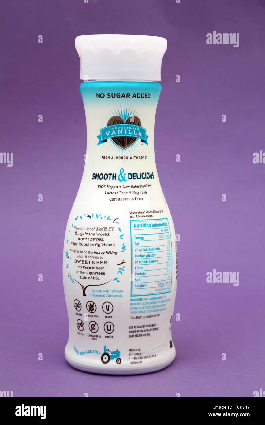 A Bottle of Califia Farms Unsweetened Vanilla Soy Free Almond Milk Showing Nutrition Information Stock Photo