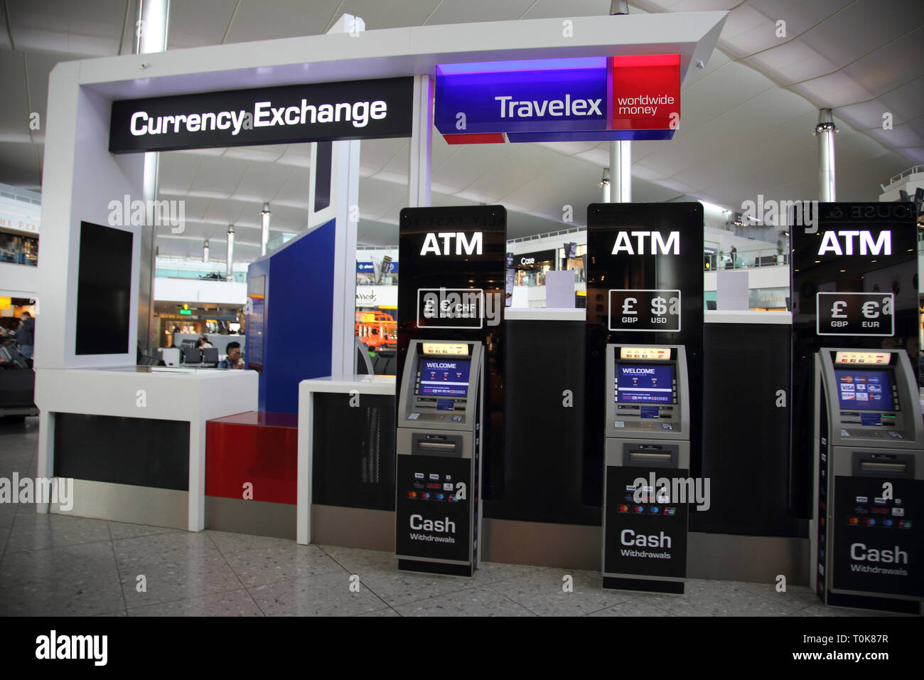 England Heathrow Airport Terminal Two Departures Lounge Travelex Currency Exchange and Cash Machines Stock Photo