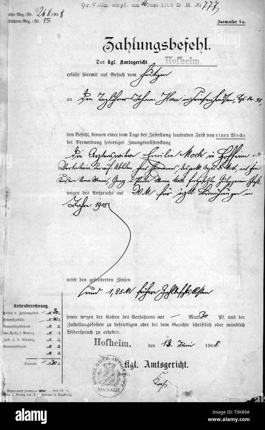 justice, documents, default summons, of 20 mark for the day labourer Johann Horn of Friesenhausen for not paying doctor's bills, title page, issued by the Royal district court Hofheim, 13.6.1908, Additional-Rights-Clearance-Info-Not-Available Stock Photo