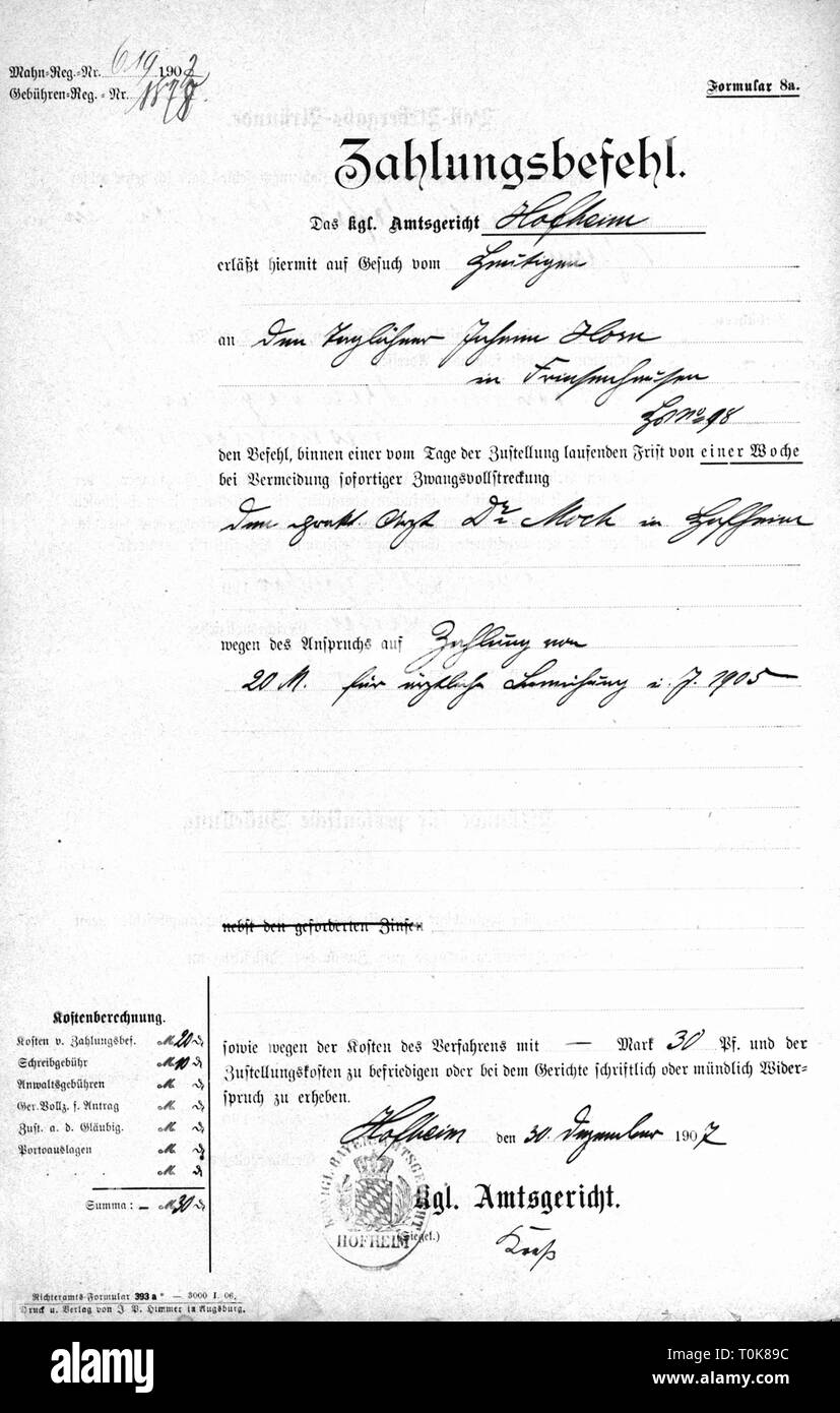 justice, documents, default summons, of 20 mark for the day labourer Johann Horn of Friesenhausen for not paying doctor's bills, title page, issued by the Royal district court Hofheim, 30.12.1907, Additional-Rights-Clearance-Info-Not-Available Stock Photo