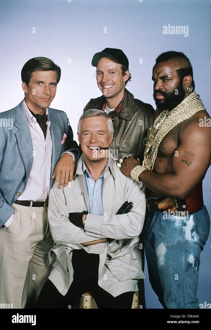 THE A-TEAM, DIRK BENEDICT, DWIGHT SCHULTZ, MR. T (LAWRENCE TUREAUD ) , GEORGE PEPPARD, 1984 Stock Photo