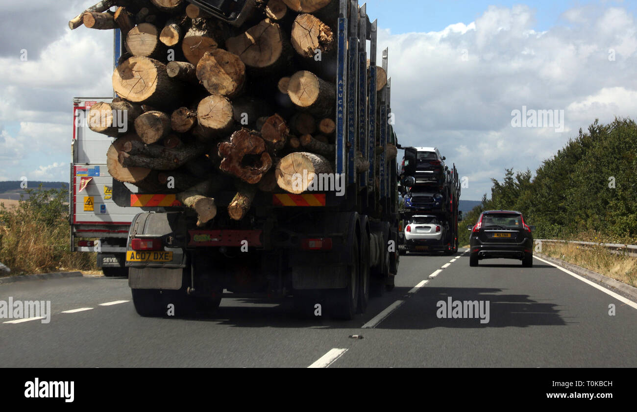 Wiltshire England Lorry Transporting Timber and a Car Transporter on A303 Dual Carriageway Stock Photo