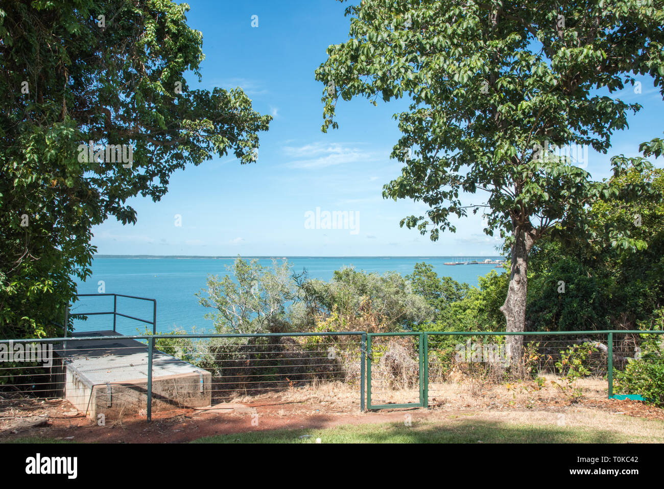Stunning Timor Sea view with waterfront crocodile fence in Darwin, Australia Stock Photo