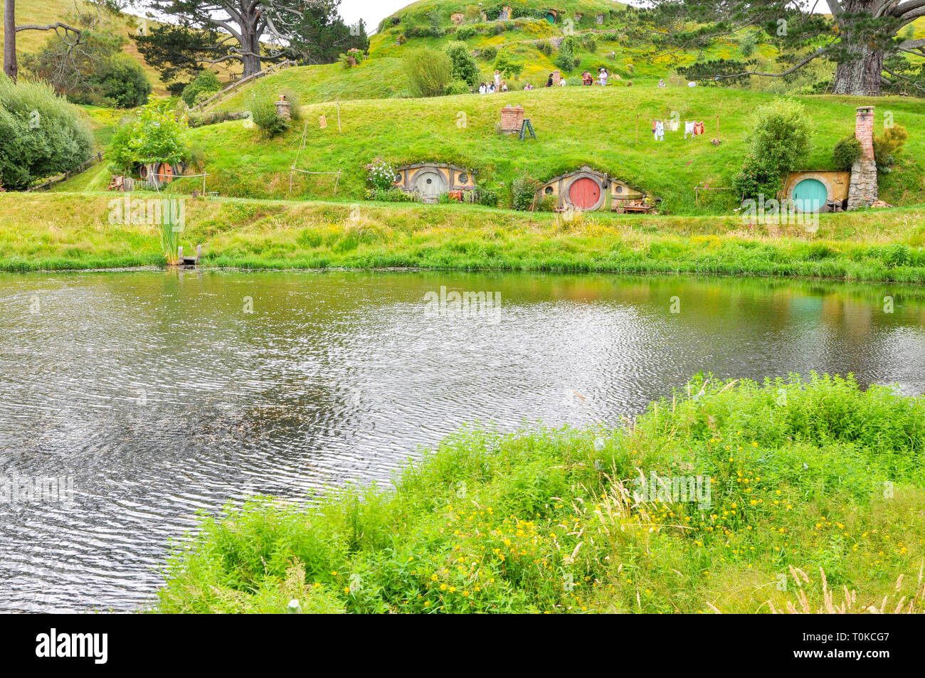 Hobbiton Movie Set - Location for the Lord of the Rings and The Hobbit films. Bag End homes, doors. Visitor attraction in Waikato region New Zealand Stock Photo