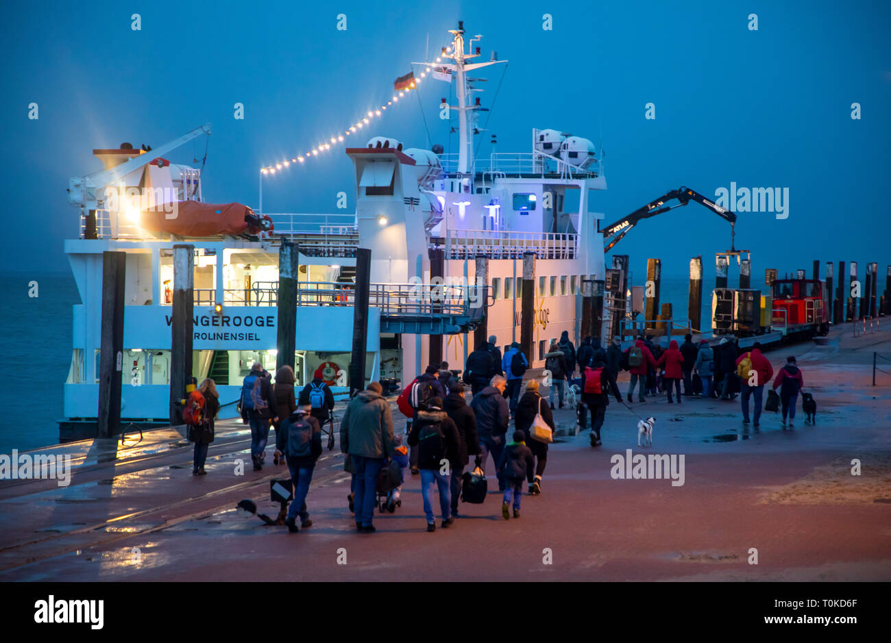 Island Wangerooge, Ostfriesland, pier, ferry to the mainland,East Frisia, Northern Germany, North Sea Coast, Stock Photo