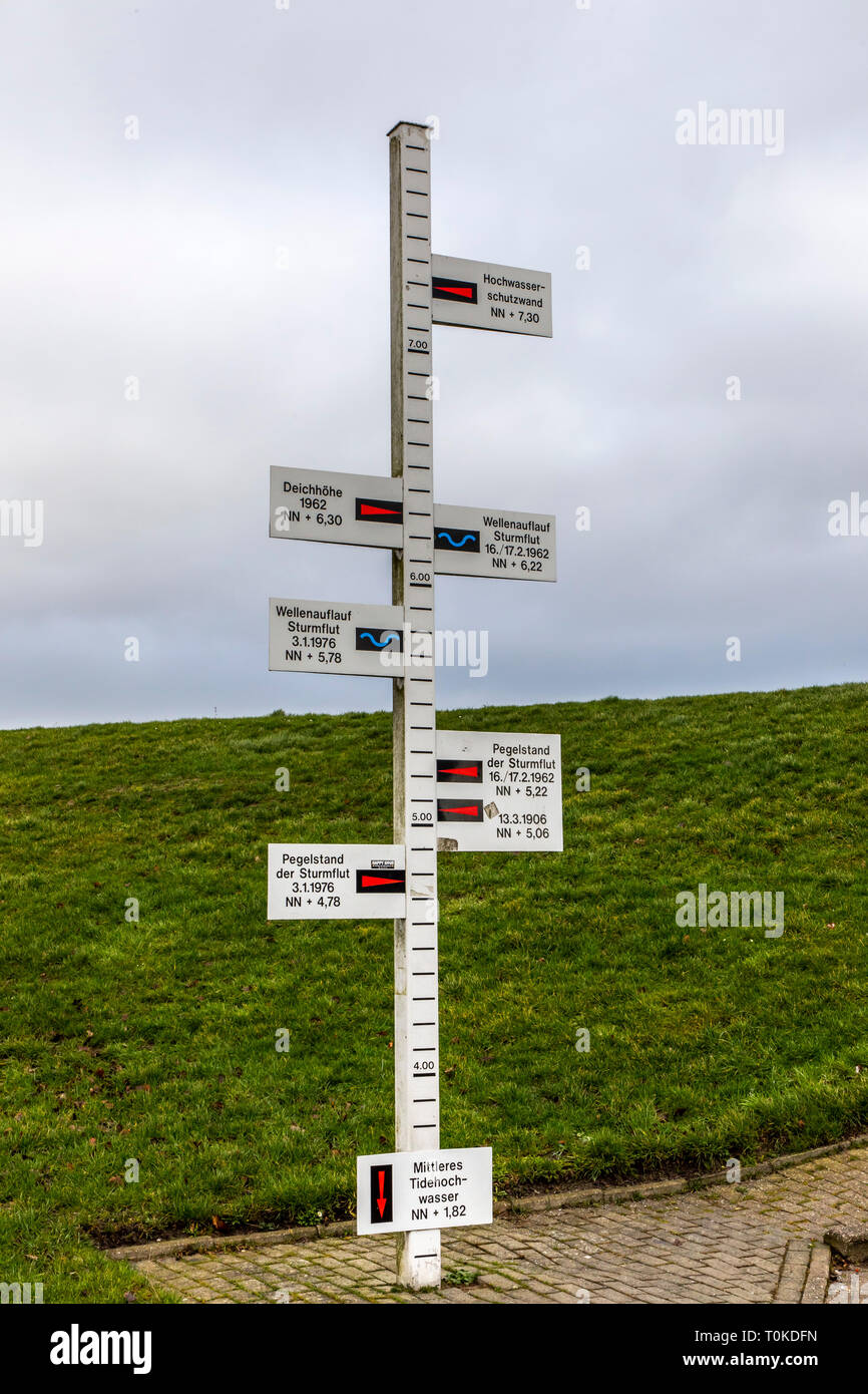Wilhelmshaven, SŸdstrand, Marker shows the different flood levels, at the dike,East Frisia, Northern Germany, North Sea Coast, Stock Photo