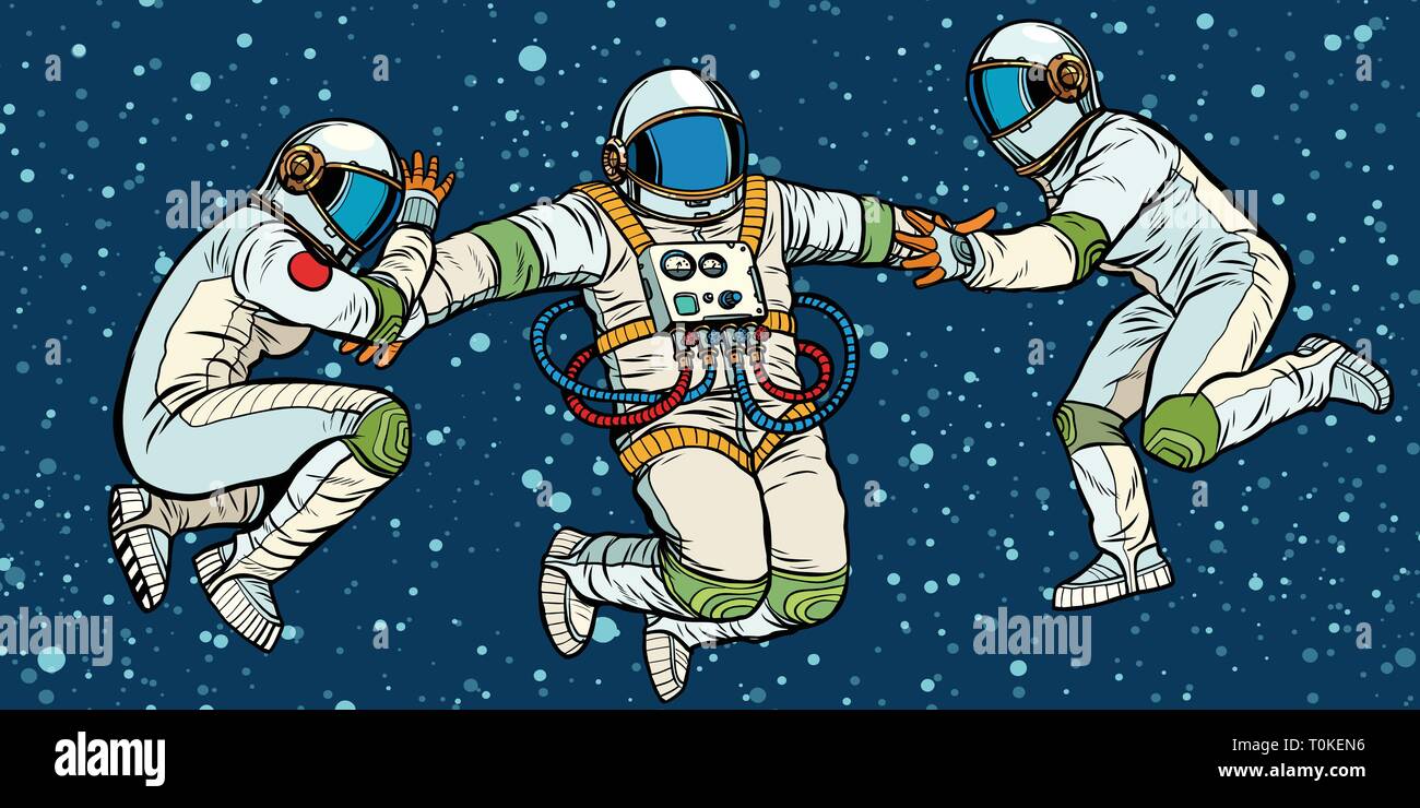 three astronauts in space in zero gravity Stock Vector