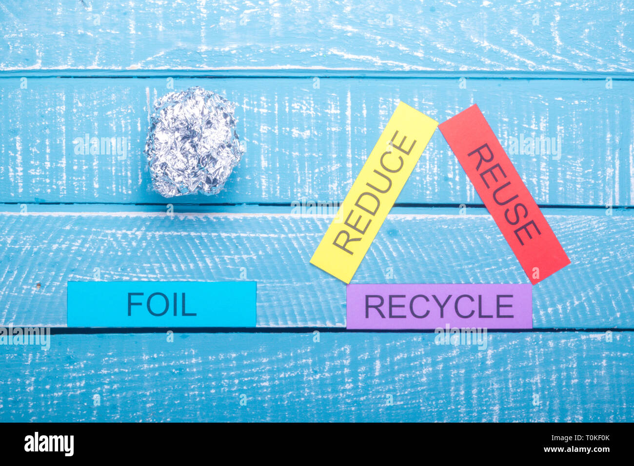 Recycle concept showing foil with reduce, reuse & recycle on a blue