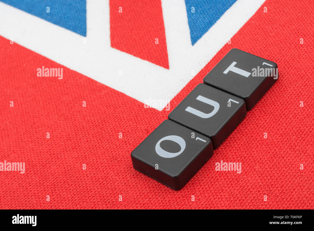 Union Jack with In/Out Brexit motif, with regard to staying in or exiting the EU, and the Cancel Brexit petition. Brexit countdown, No-Deal Brexit. Stock Photo