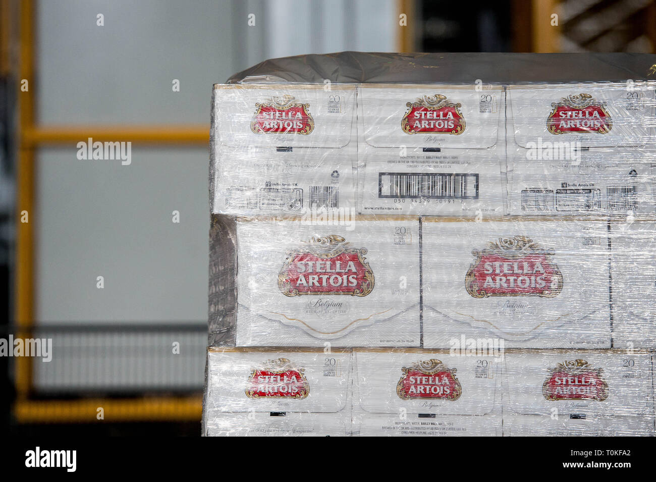 Pallet of boxes of Stella Artois beer or lager Stock Photo