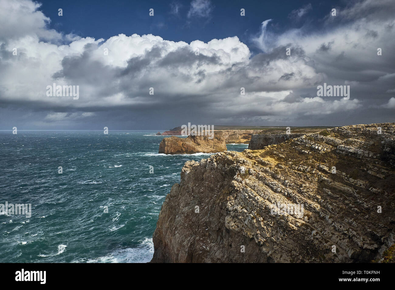 Coast at the lighthouse of Cabo de Sao Vicente near Sarges, Algarve, Faro, Portugal Stock Photo