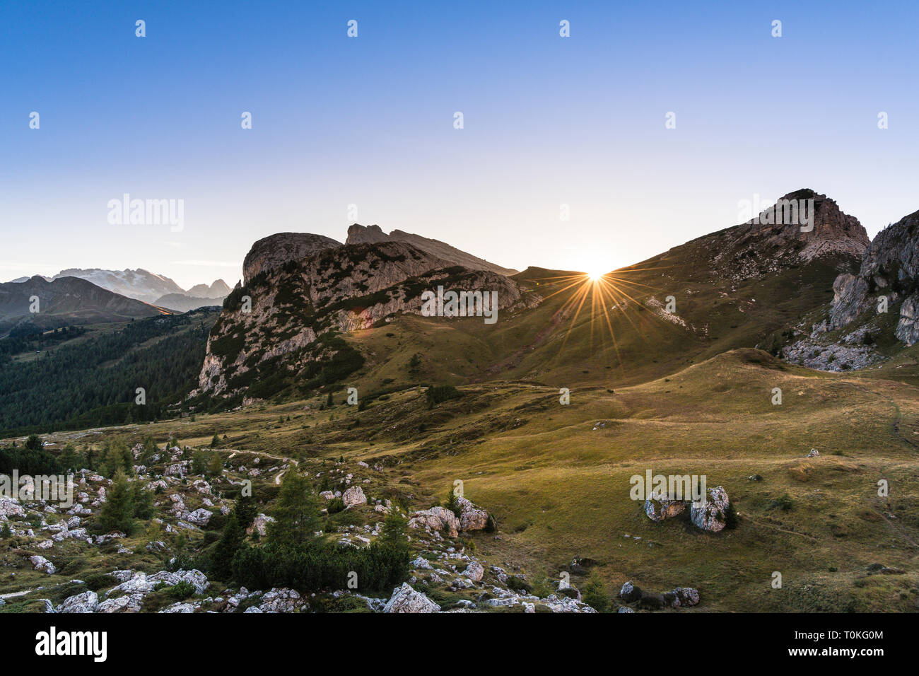 View from the Falzarego pass on the Valparola Pass and the Marmolada, sunset, Dolomites, Italy Stock Photo