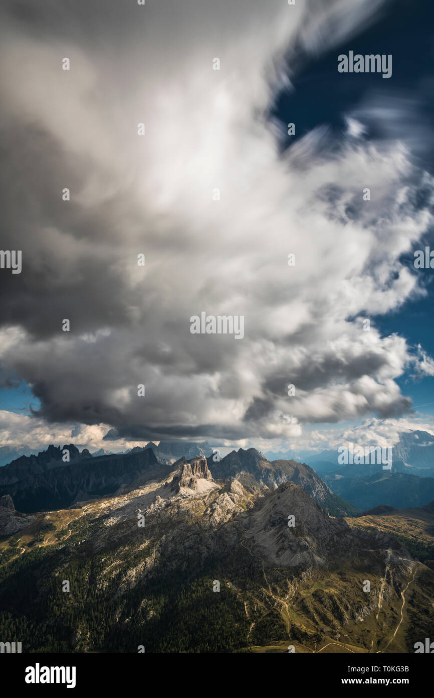 View from Rifugio Lagazuoi (2752 m) to Monte Averau, the Croda Negra and Croda da Lago, Dolomites, Italy Stock Photo