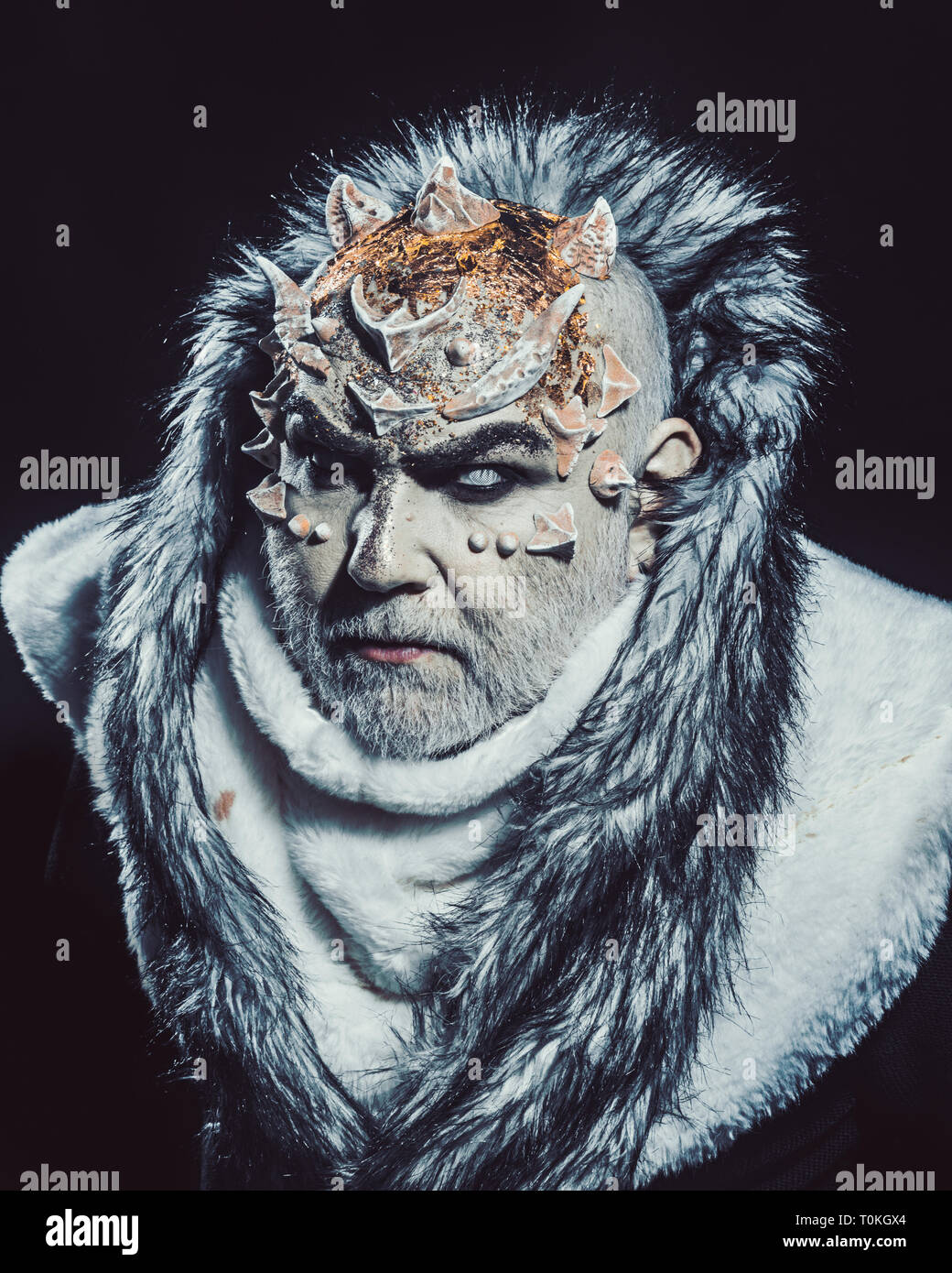 Senior Man With White Beard Dressed Like Monster Alien Demon Sorcerer Makeup Dark Arts Concept Demon On Black Background Close Up Man With Stock Photo Alamy