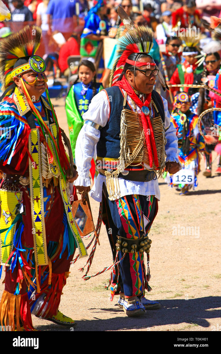 Male Native America warriors in ceremonial costumes at the Wak Pow Wow