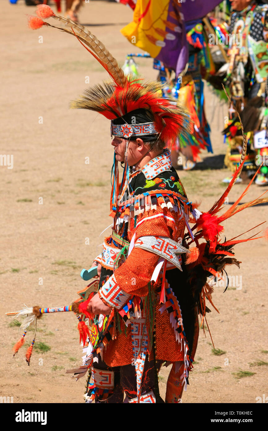 Male Native America warriors in ceremonial costumes at the Wak Pow Wow