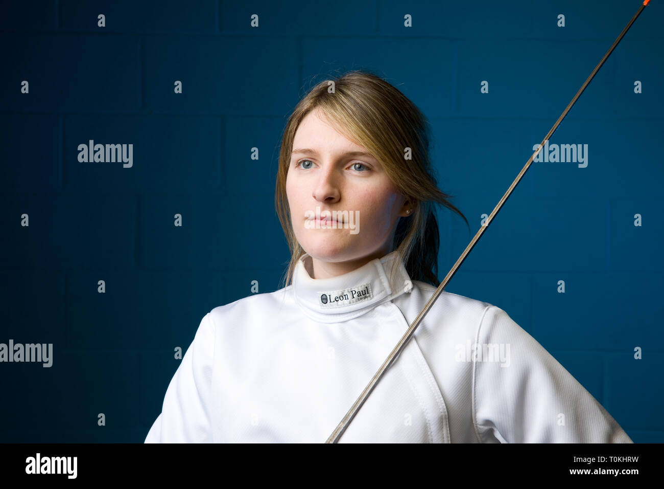 Model Phoebe Barrett is a University student who enjoys fencing in her spare time. wearing Leon Paul Clothing Stock Photo