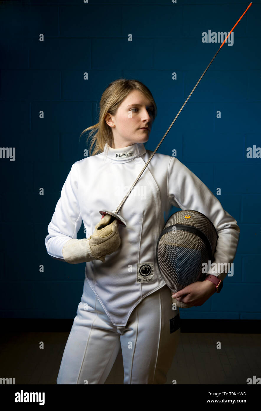 Model Phoebe Barrett is a University student who enjoys fencing in her spare time. wearing Leon Paul Clothing Stock Photo