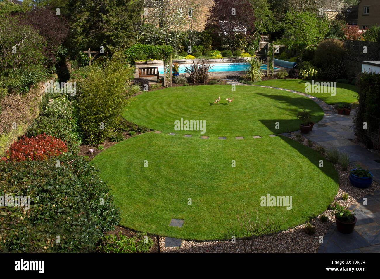 Interlinking round lawns in English Garden Stock Photo
