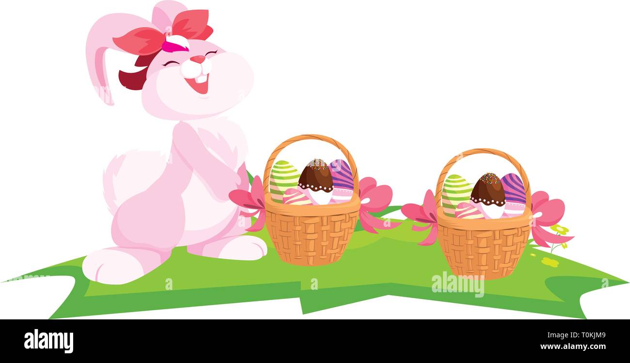 cute rabbit easter female with eggs painted in basket vector ...