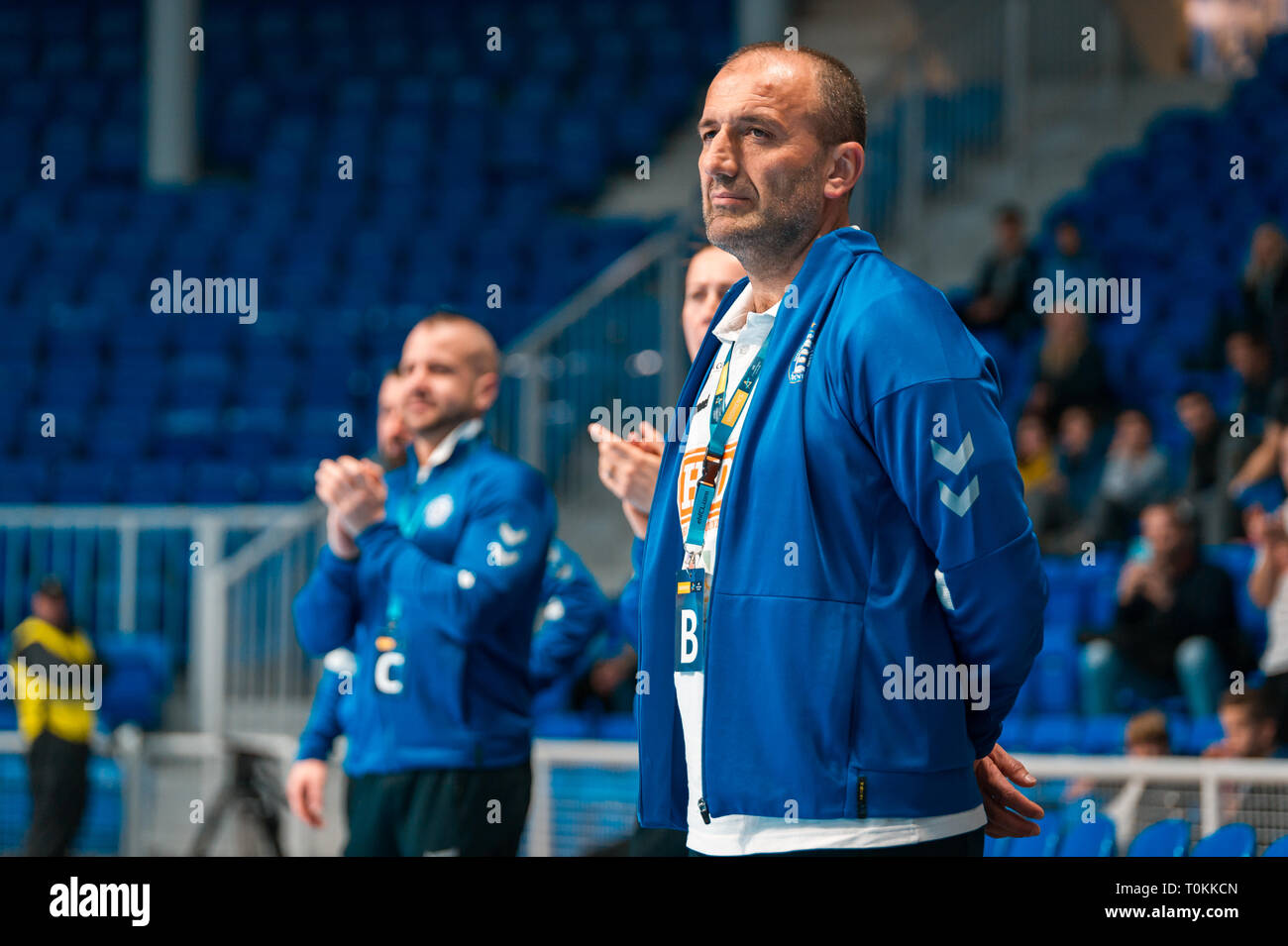 Dragan Adzic Head coach of Buducnost in match against Rostov Don women Champions league handball Stock Photo