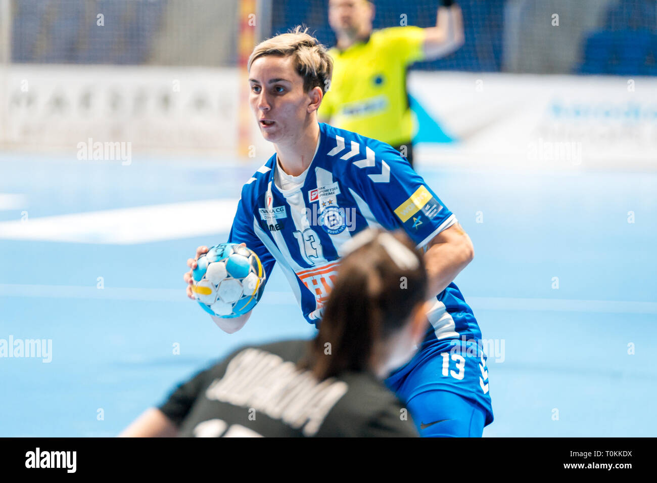 Laslo Cristina attacking Rostov Don in Women Handball Champions League match in Podgorica Stock Photo