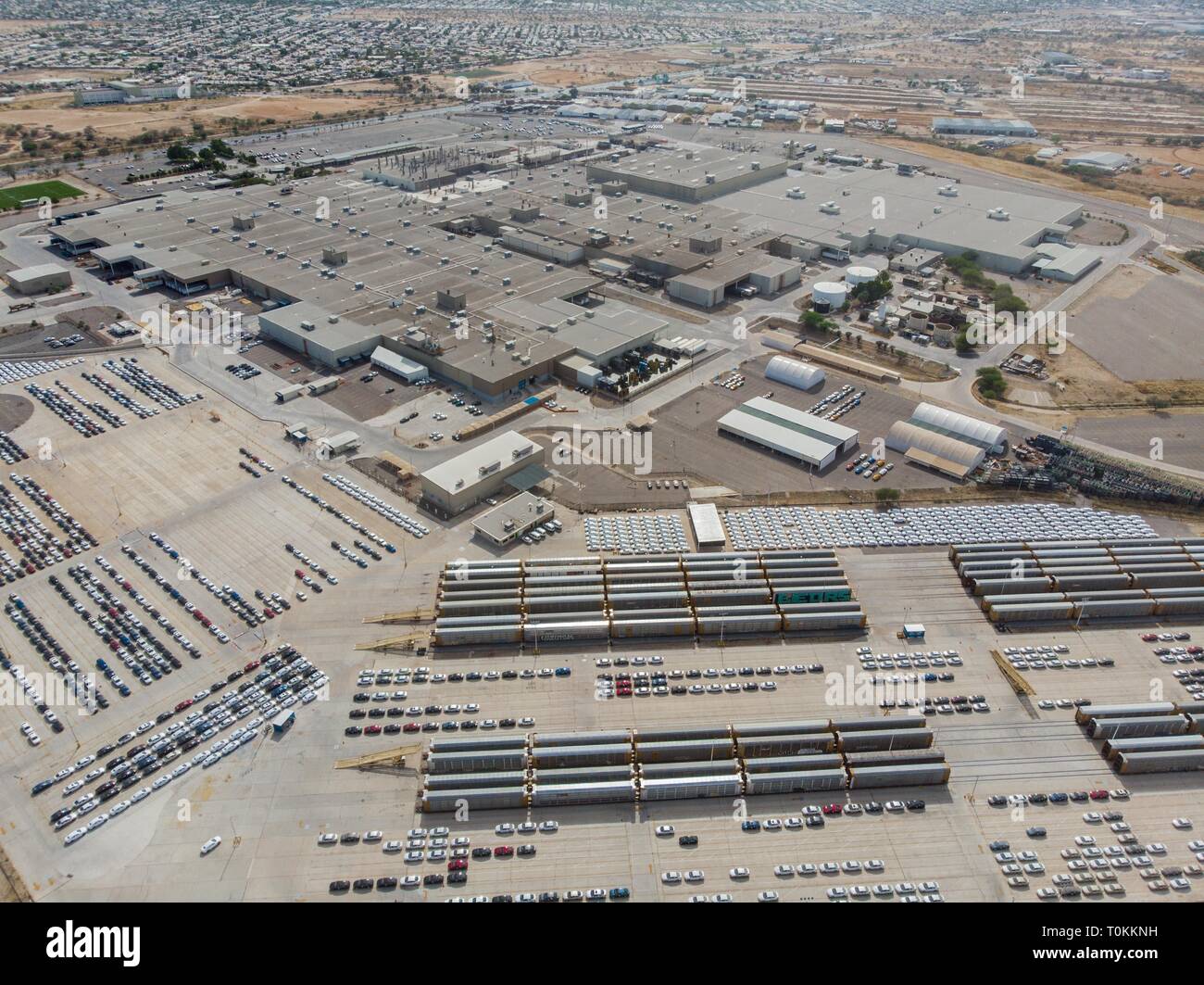 Aerial view of the Ford Motor Company automotive company in the Hermosillo industrial park. Automotive industry. Hermosillo Stamping and Assembly is an automobile assembly plant of Ford Motor Company located in Hermosillo, Sonora, Mexico. The plant currently assembles the Ford Fusion and Lincoln MKZ, Lincoln models for the North American market. Ford is an American multinational automaker . Photo: (NortePhoto / LuisGutierrez) ... keywords: dji, aerial, djimavic, mavicair, aerial photo, aerial photography, urban landscape, aerial photography, aerial photo, urban, urban, urban, plane, architectu Stock Photo