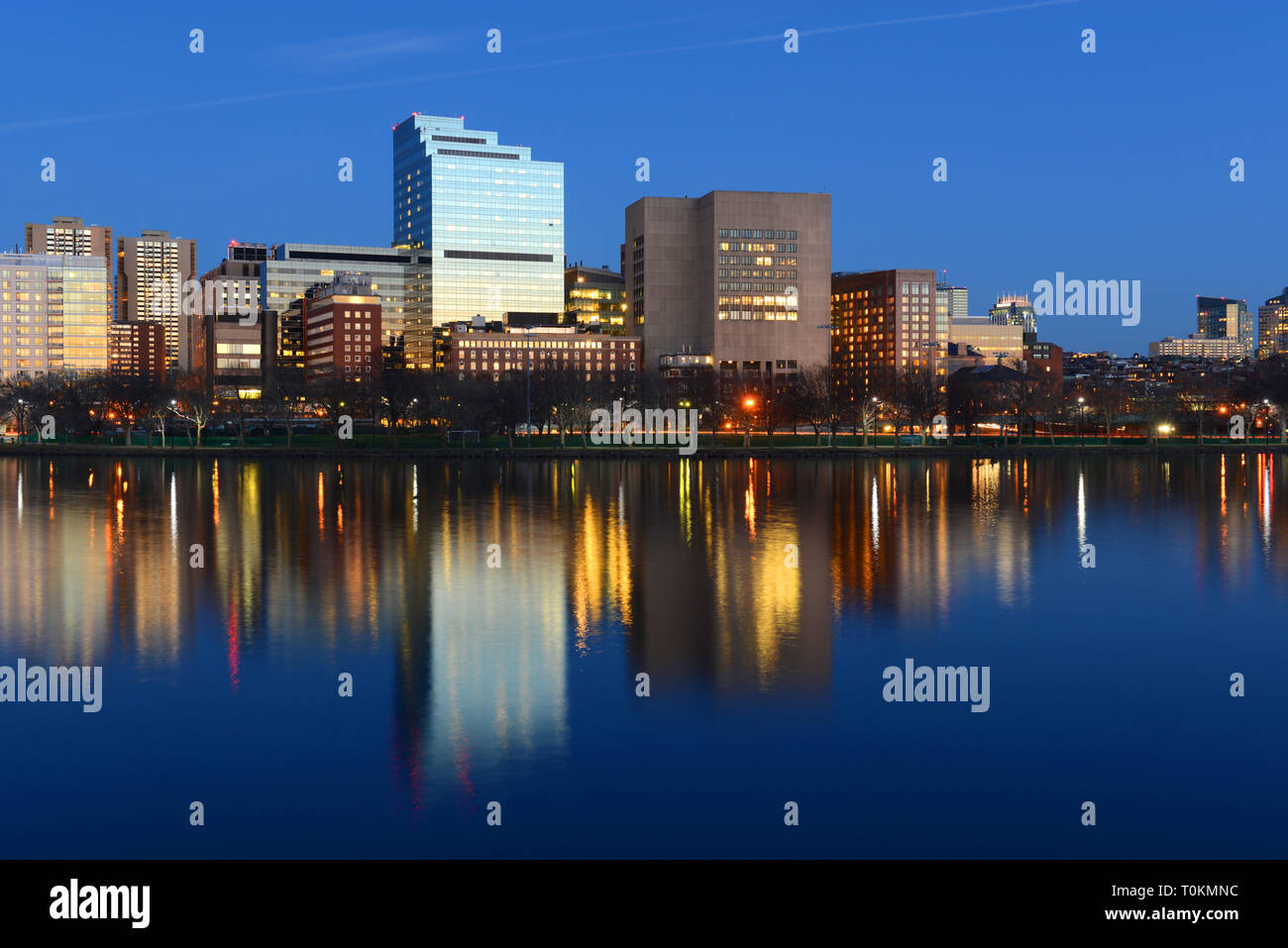 Boston Massachusetts General Hospital and West End Skyline at night, viewed from Cambridge, Boston, Massachusetts, USA Stock Photo