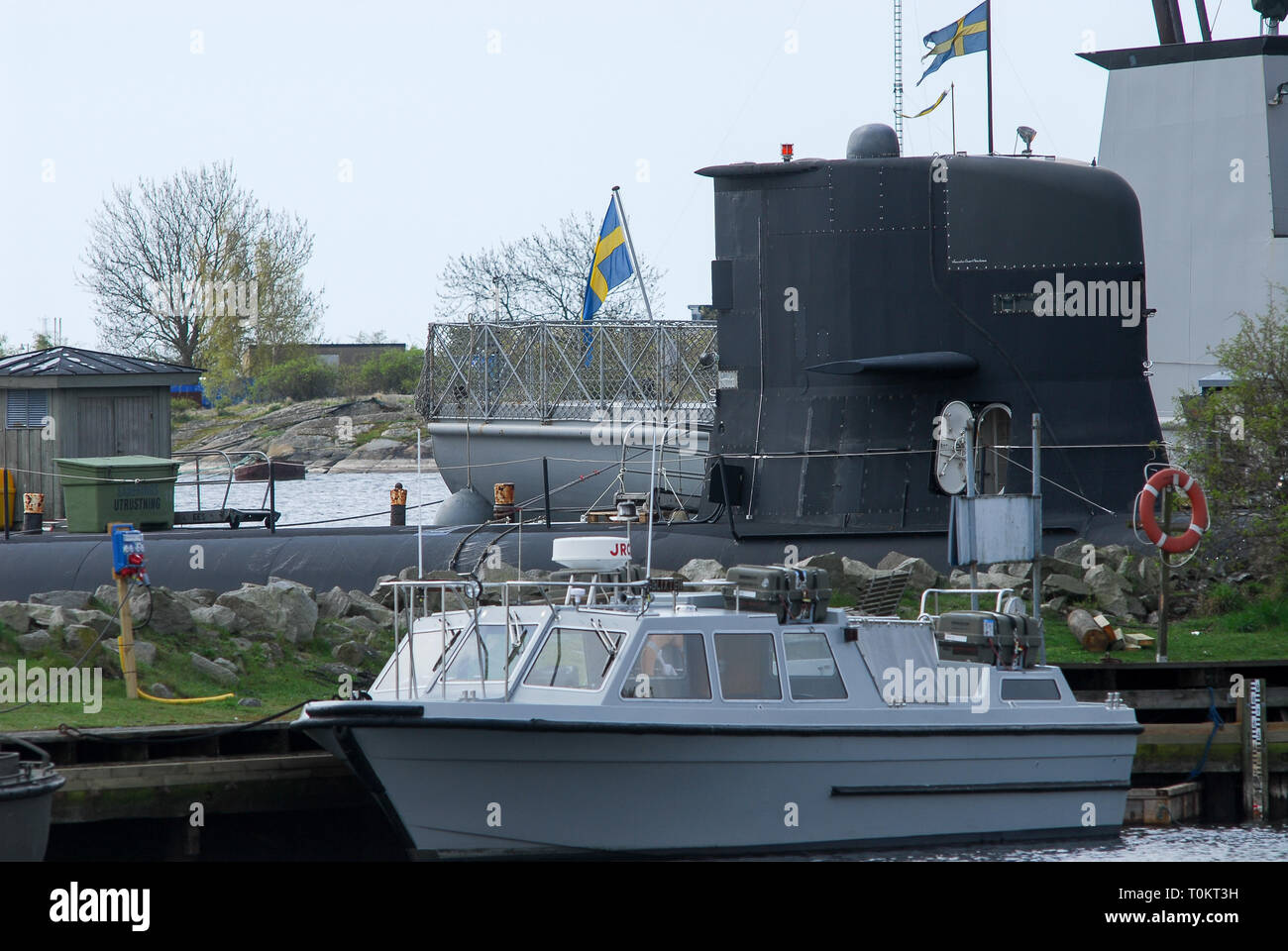 Gotland-class submarine moored in Karlskrona örlogsbas (Karlskrona naval base) listed World Heritage by UNESCO in Karlskrona, Blekinge, Sweden. May 2n Stock Photo