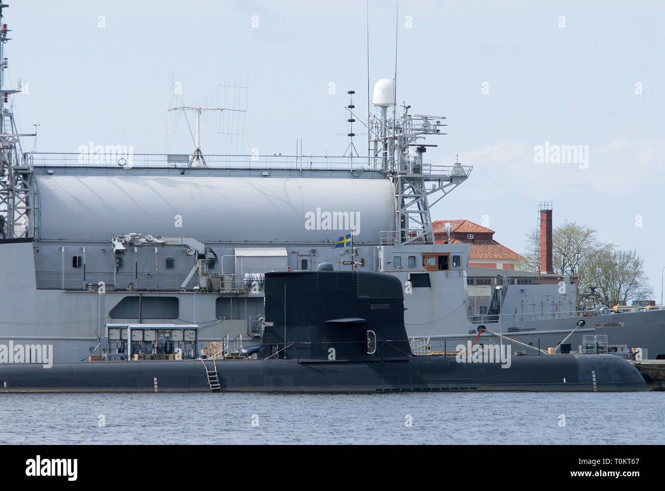 Södermanland-class submarine moored and HSwMS Orion A201 SIGINT vessel in Karlskrona örlogsbas (Karlskrona naval base) listed World Heritage by UNESCO Stock Photo