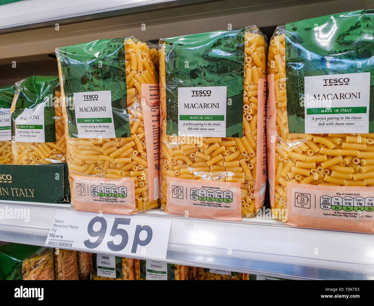SHEFFIELD, UK - 20TH MARCH 2019: Tesco own brand Macaroni pasta for sale in Sheffield Stock Photo