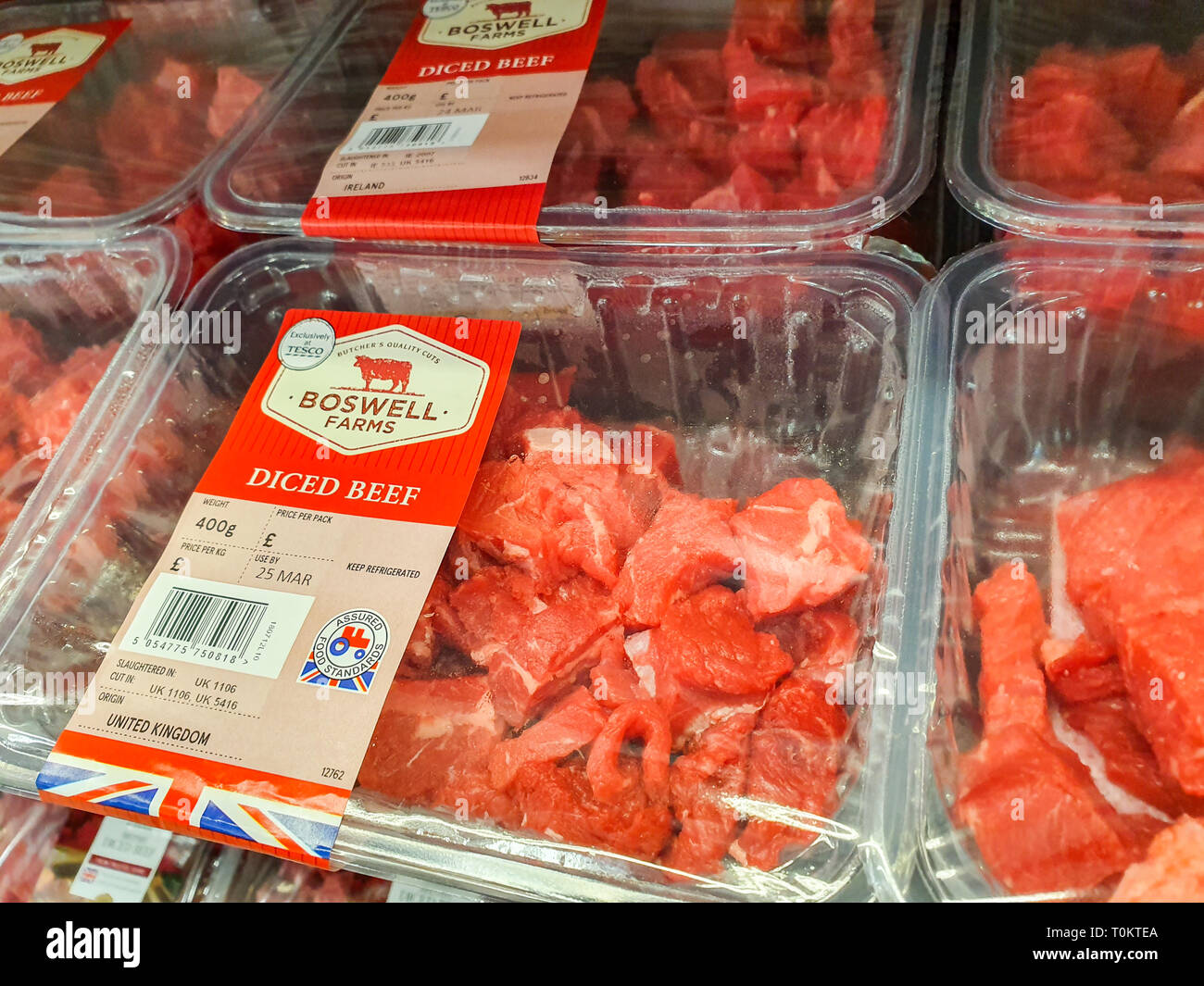 SHEFFIELD, UK - 20TH MARCH 2019: Boswell Farms diced beef for sale inside a Tesco supermarket in Sheffield, UK Stock Photo