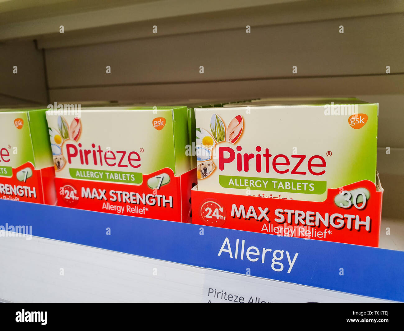 SHEFFIELD, UK - 20TH MARCH 2019: boxes of Piriteze allergy tablets for sale in a Tesco Stock Photo
