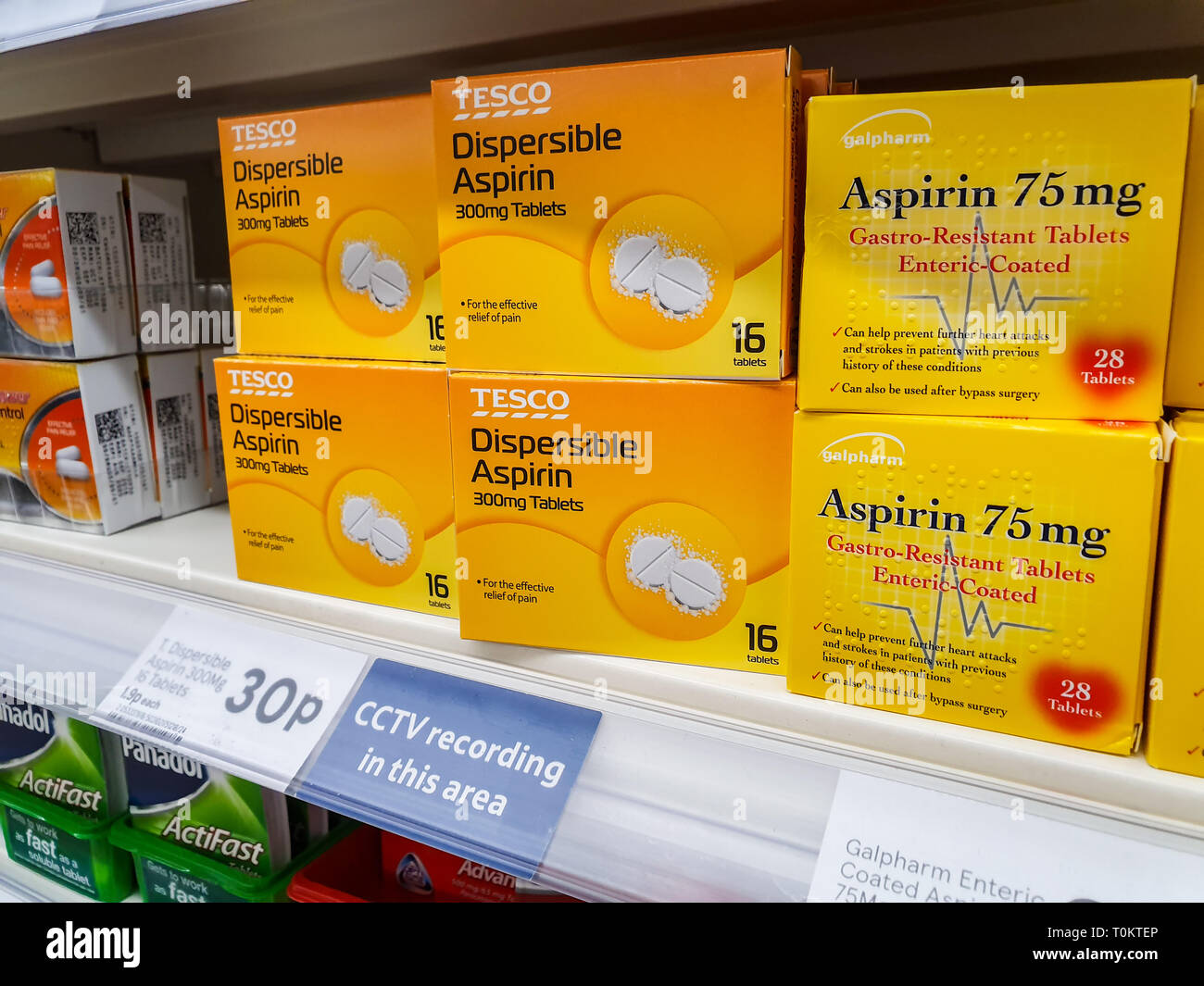 SHEFFIELD, UK - 20TH MARCH 2019: Tesco own brand Dispersible asprin tablets Stock Photo