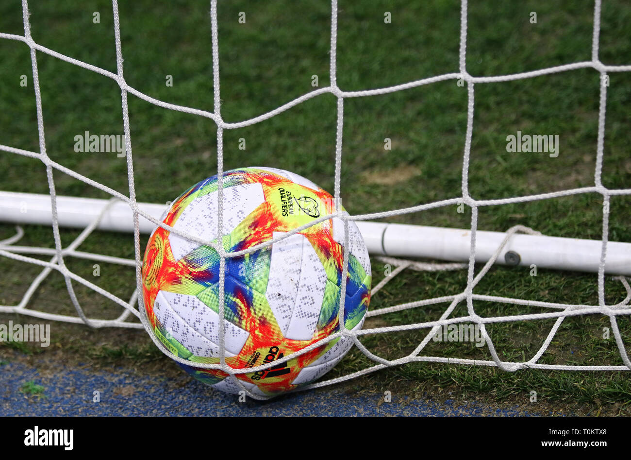 KYIV, UKRAINE - MARCH 18, 2019: Official UEFA EURO-2020 Qualifiers match ball Adidas Conext19 in the gate during the Open training session of Ukraine  Stock Photo