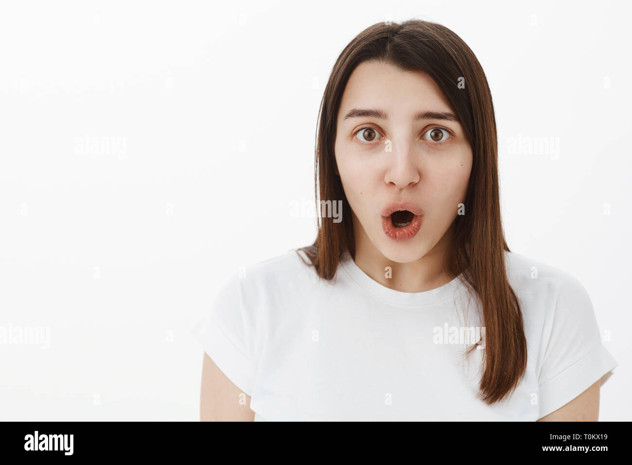 No way awesome. Portrait of impressed speechless girl drop jaw