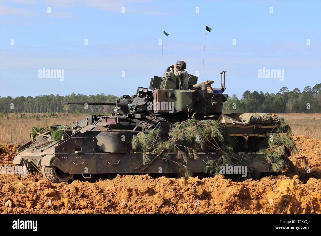 Soldiers from the 2nd Battalion, 7th Infantry Regiment, 1st Armored Brigade Combat Team in their Bradley Fighting Vehicle during Marne Focus at Fort Stewart, Ga.  Marne Focus is the culminating home station training event designed to validate the mission readiness of the 2nd Brigade Combat Team, 3rd Infantry Division as they prepare for their upcoming rotation to the National Training Center at Fort Irwin, CA. Stock Photo